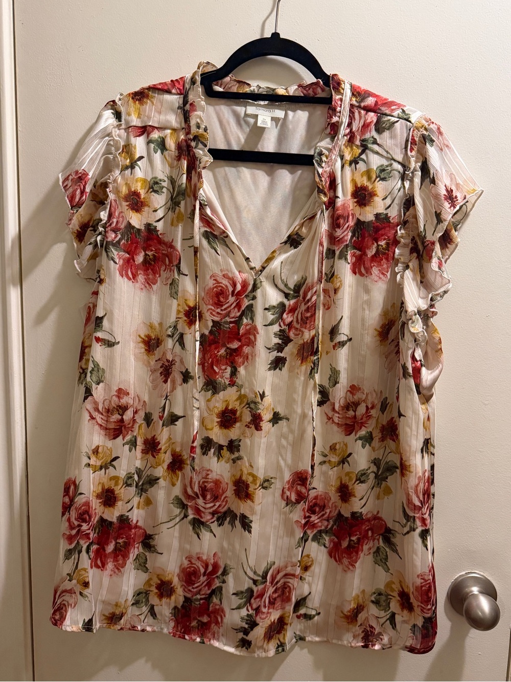 Tamara H. Plus Size cap-Sleeve Ruffle Neck Blouse - Cream with Red & Yellow
